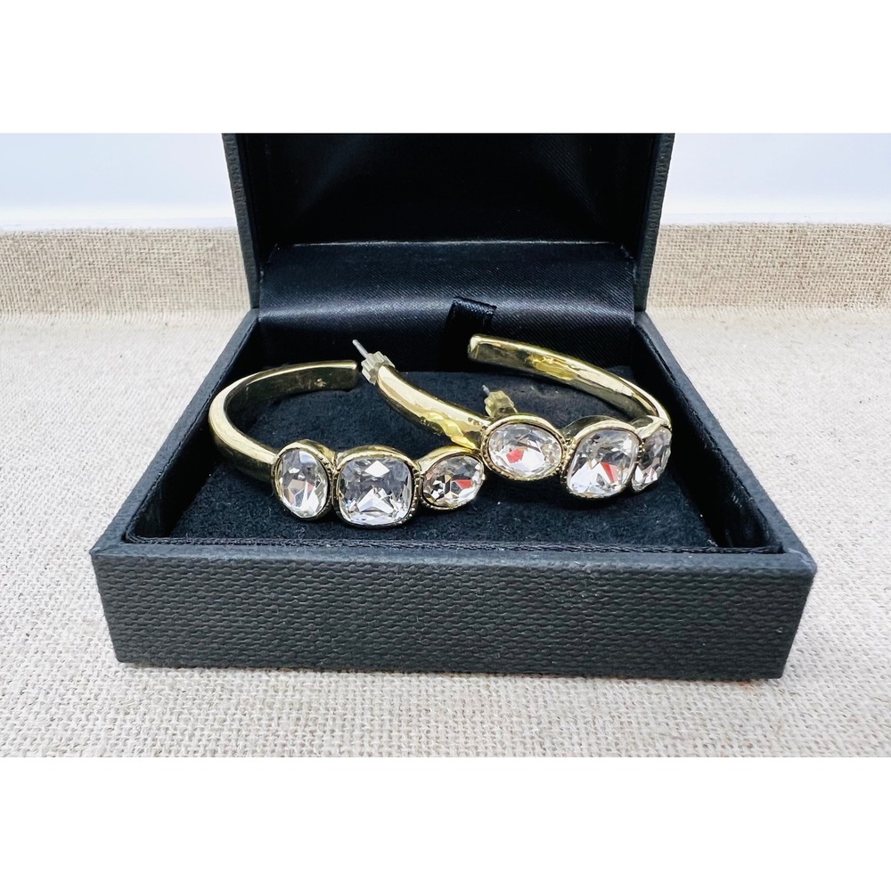 Heidi Daus Gold Tone Clear Crystal Triple Stone Hoop Earrings Pierced C-Hoops